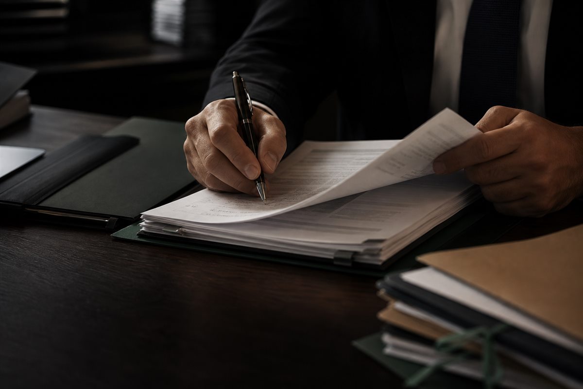 Advogado analisando documentos de um processo criminal